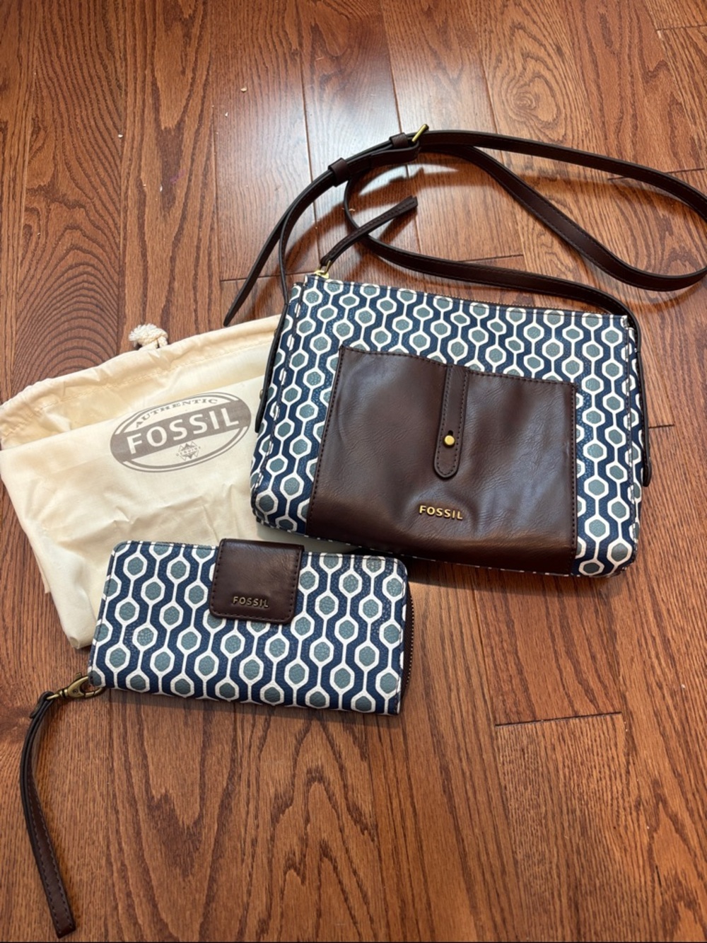 Fossil Navy & White Geometric Crossbody with Brown Leather Trim